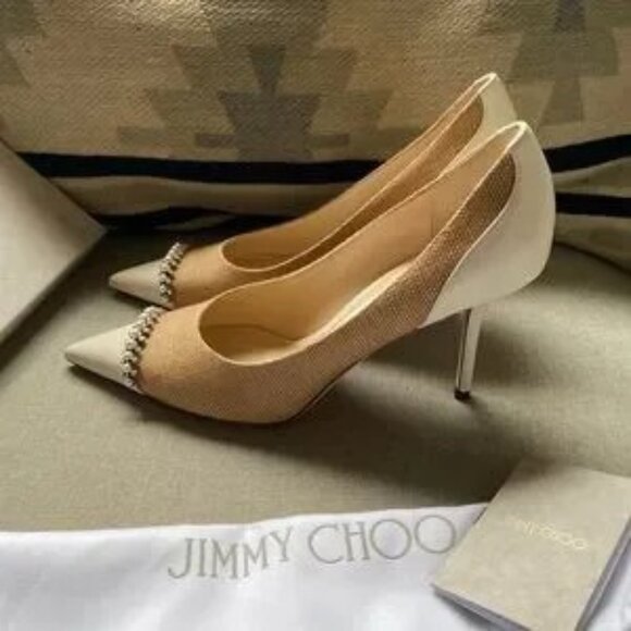 Jimmy Choo Love 85 WRR natural raffia crystal pearls latte pumps Size 40 NWT - Picture 7 of 14